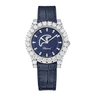 2025 Model Chopard L’Heure Du Diamant Moonphase 35mm Watch - Ref: 139445-1001 - Blue Diamond Dial in 18k White Gold Case, Blue Leather