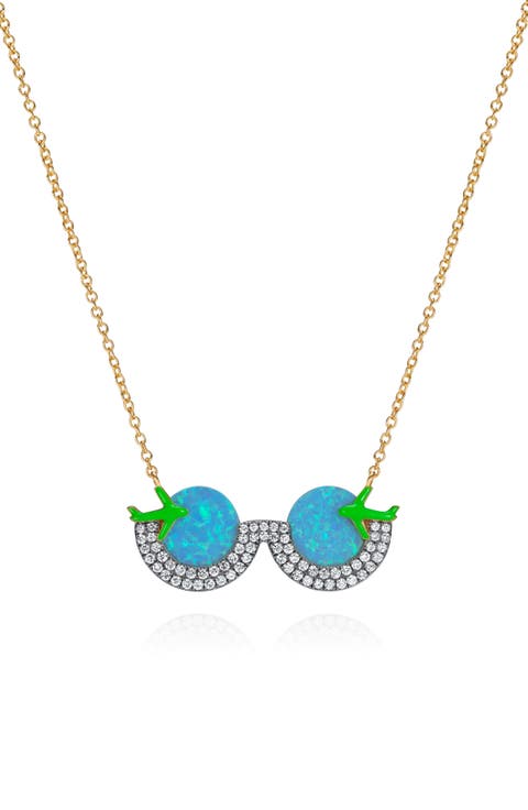 Diamond Travel Sunglasses Pendant with Blue Opal Diamonds 82 Diamonds, Enamel 18K Gold, 16.5"