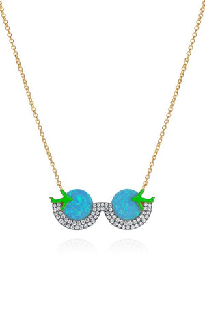 Diamond Travel Sunglasses Pendant with Blue Opal Diamonds 82 Diamonds, Enamel 18K Gold, 16.5"