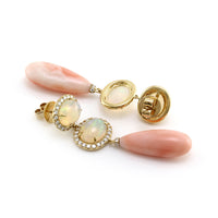 Opal, Diamond Halo and Pink Coral Dangle Earrings