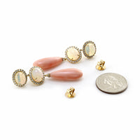 Opal, Diamond Halo and Pink Coral Dangle Earrings