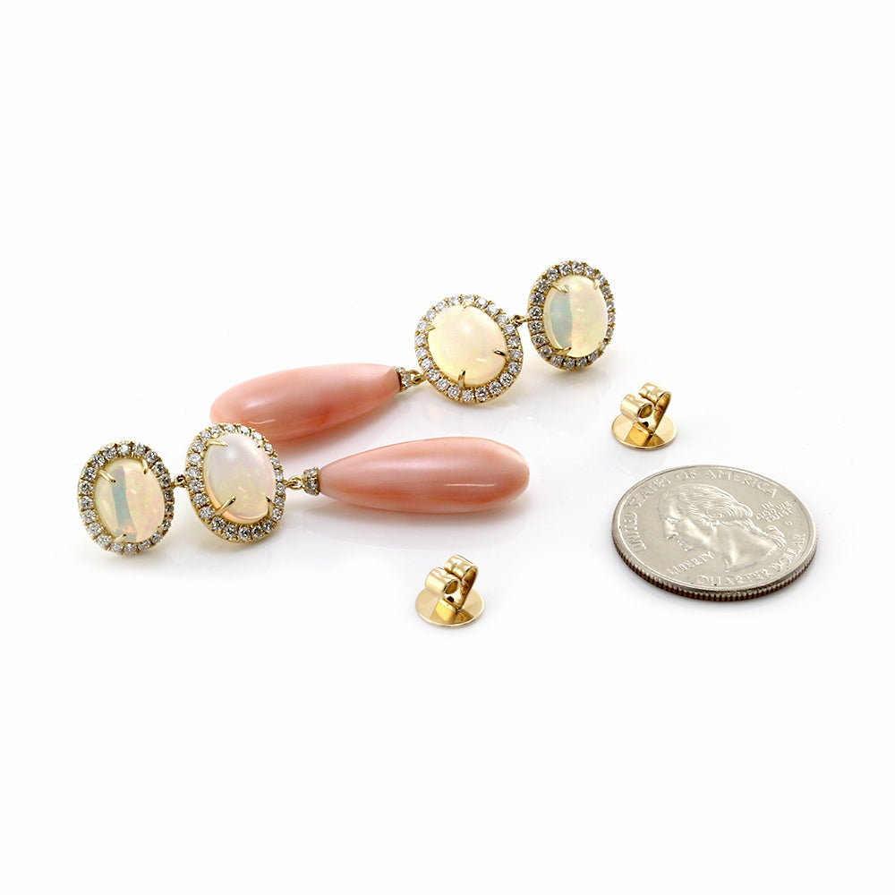 Opal, Diamond Halo and Pink Coral Dangle Earrings