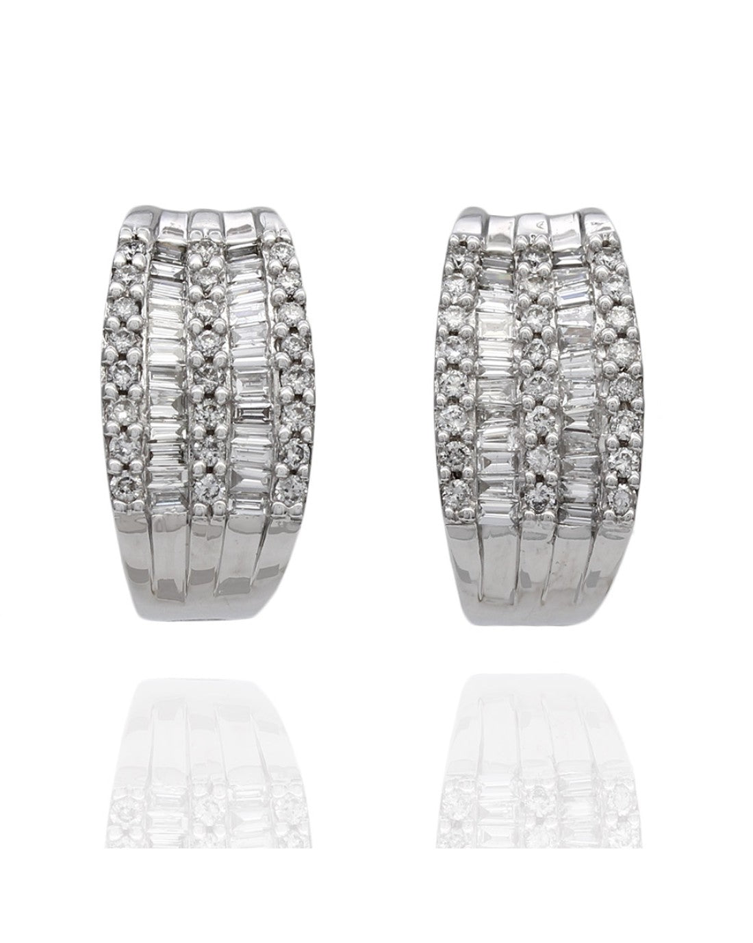 Alternating Round and Baguette Diamond Huggie Earrings in 14kw