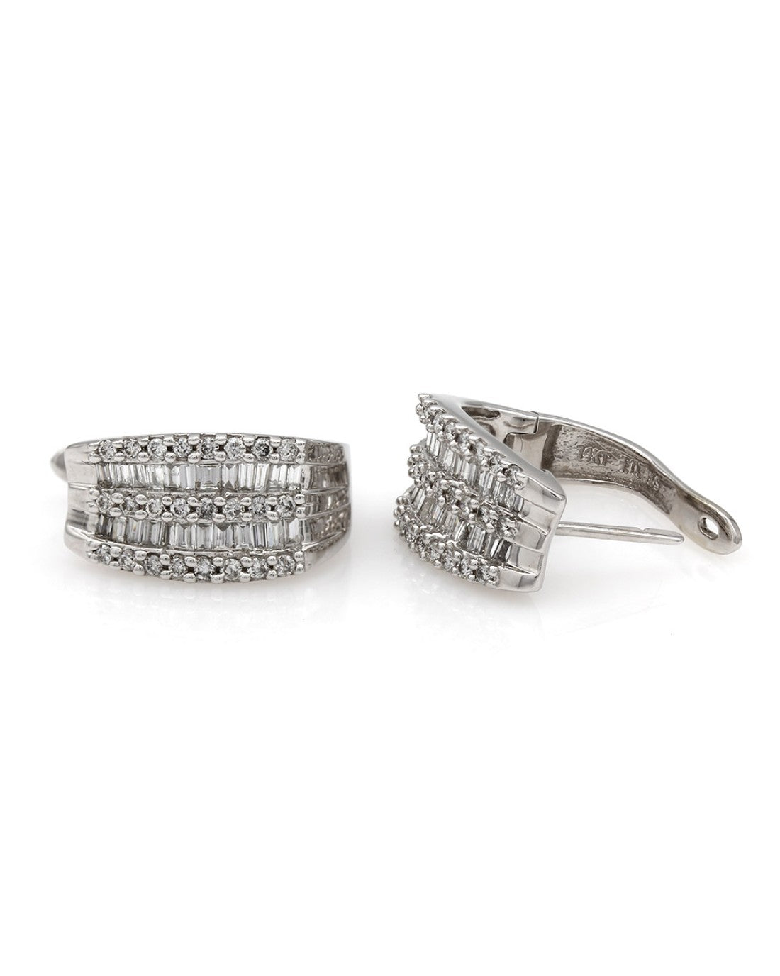 Alternating Round and Baguette Diamond Huggie Earrings in 14kw