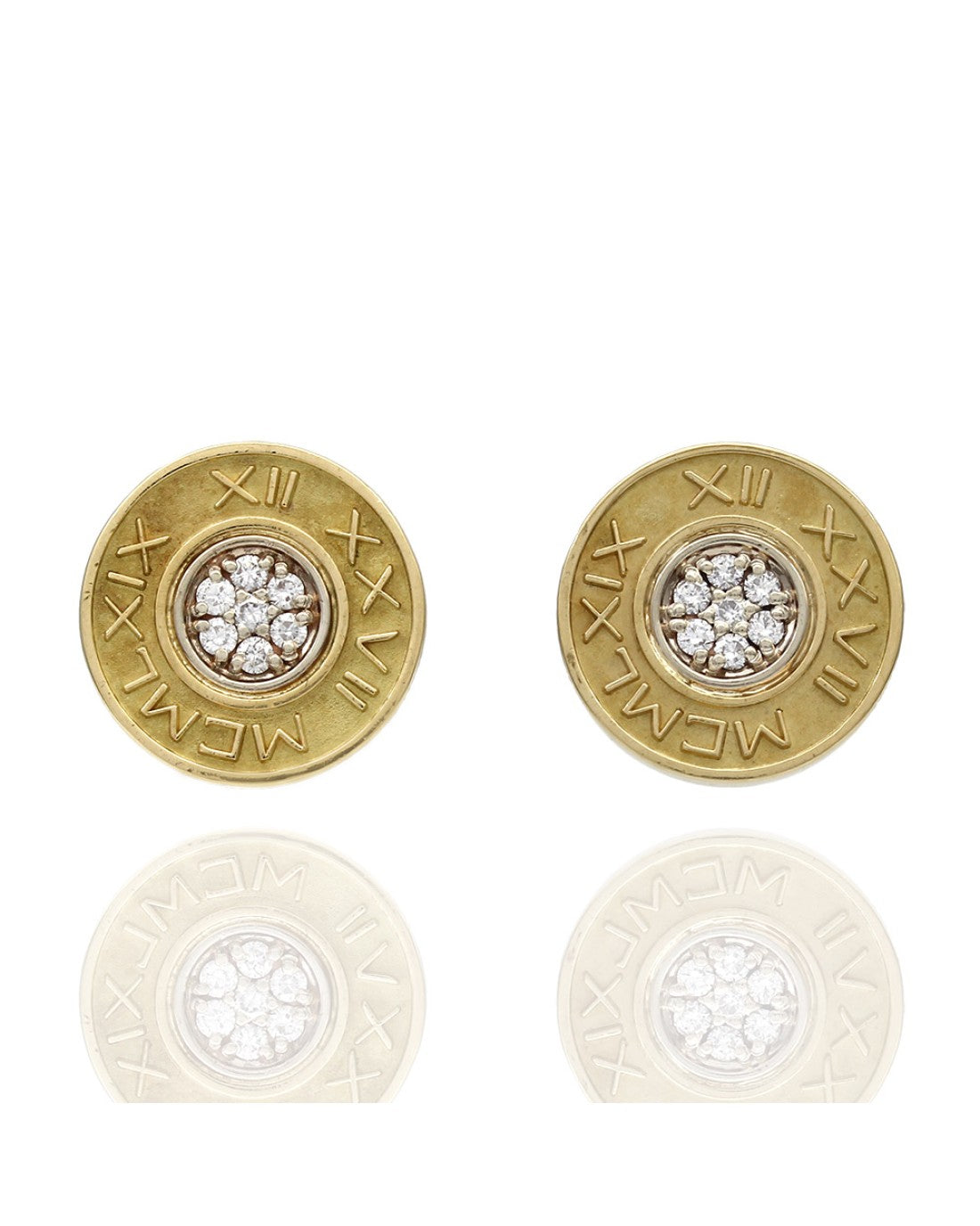 Roman Numeral Diamond Disk Stud Earrings