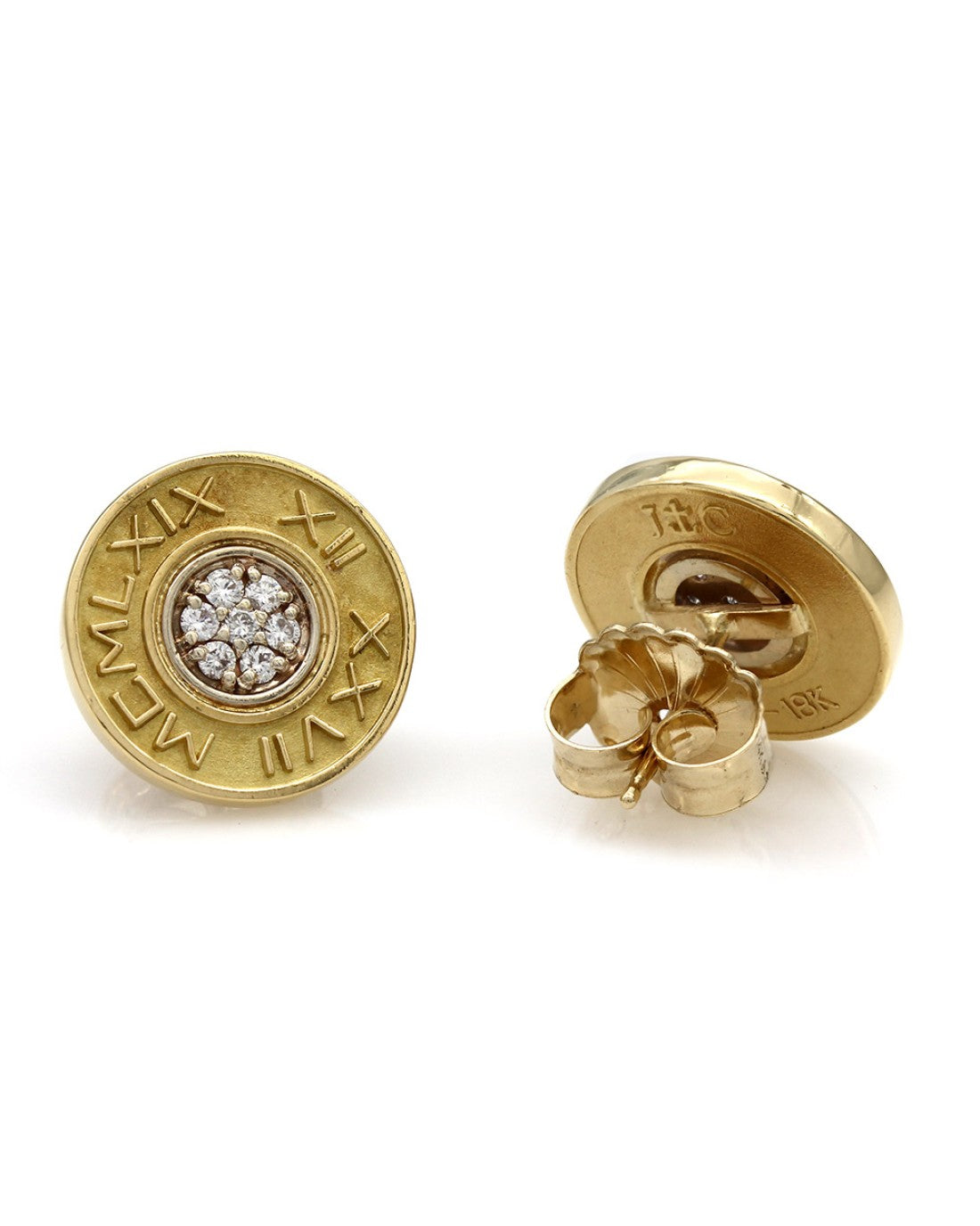 Roman Numeral Diamond Disk Stud Earrings