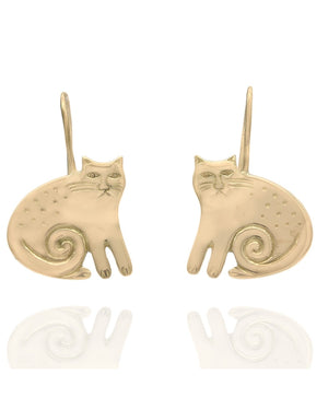 Etched Cat Drop Earrings in Gold