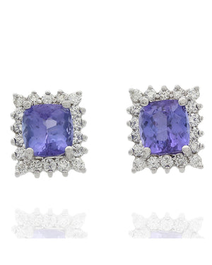Sqaure Tanzanite and Diamond Halo Earrings