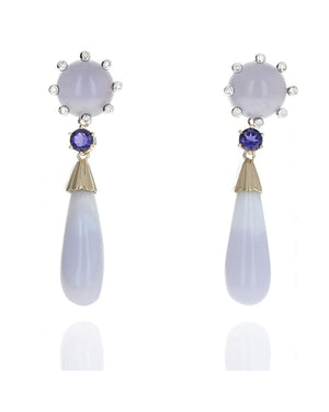 Chalcedony, Iolite, Agate and Diamond Dangle Earrings