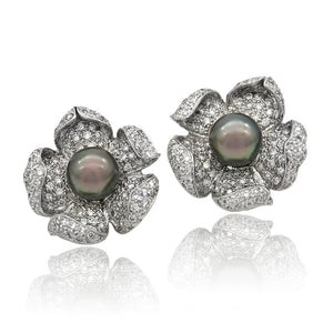 Diamond and Tahitian Black Pearl Flower Motif Earrings