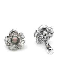 Diamond and Tahitian Black Pearl Flower Motif Earrings