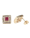 Square Ruby and Round Diamond Halo Earrings