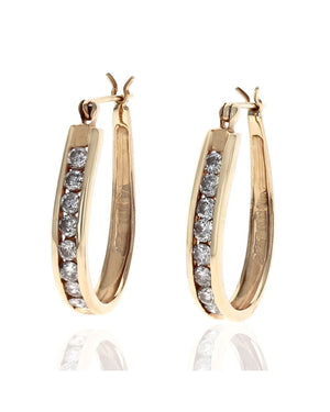 Diamond Elongated Oval Hoop Earrings in Yellow Gold