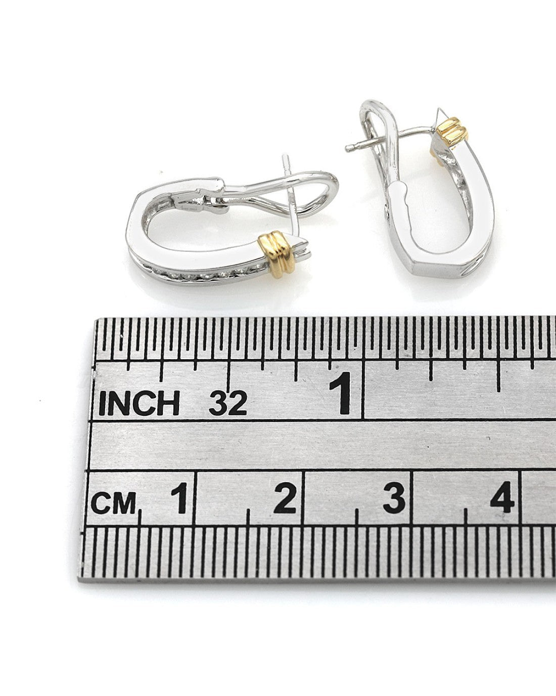 Diamond Fluted Accent Half Hoop Earrings in White and Yellow Gold