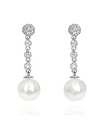 Pearl and Diamond Station Dangle Earrings in White Gold