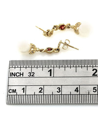 Pearl, Garnet, and Diamond Dangle Earrings in Yellow Gold