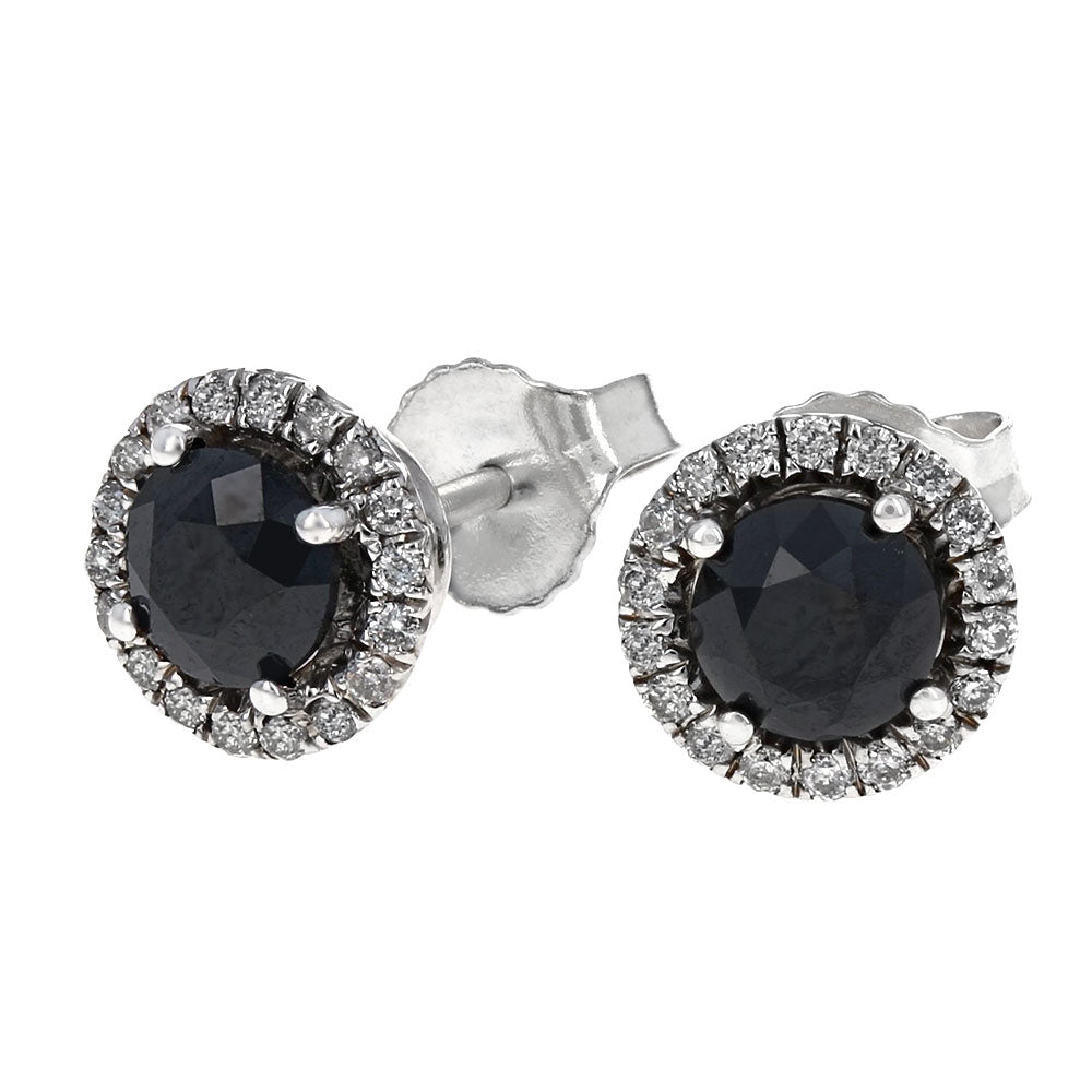 Black Diamond Halo Stud Earrings in White Gold