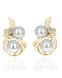 White Pearl and Diamond Swirl Stud Earrings in Yellow Gold