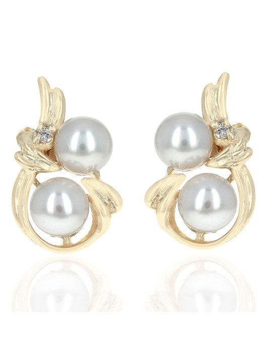 White Pearl and Diamond Swirl Stud Earrings in Yellow Gold