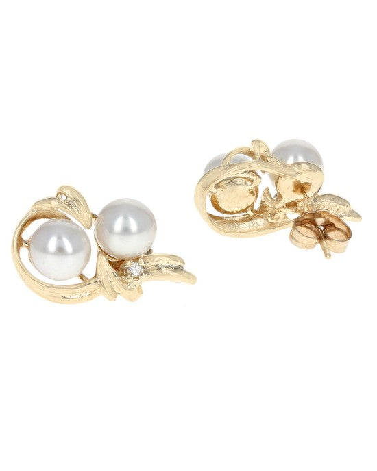 White Pearl and Diamond Swirl Stud Earrings in Yellow Gold