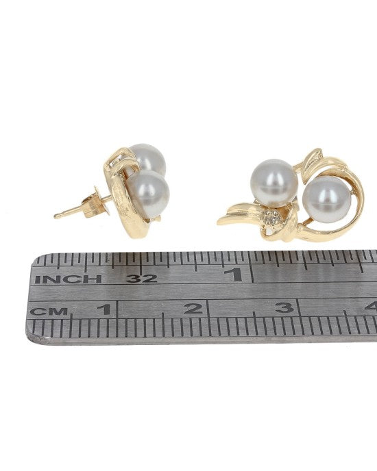 White Pearl and Diamond Swirl Stud Earrings in Yellow Gold