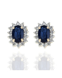 Blue Sapphire and Diamond Halo Stud Earrings in White and Yellow Gold