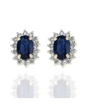Blue Sapphire and Diamond Halo Stud Earrings in White and Yellow Gold