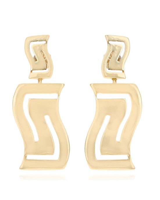 Open Cut Wavy Rectangle Dangle Earrings in Yellow Gold