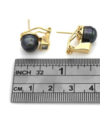 Ringed Black Tahitian Pearl and Diamond Earrings in Yellow Gold