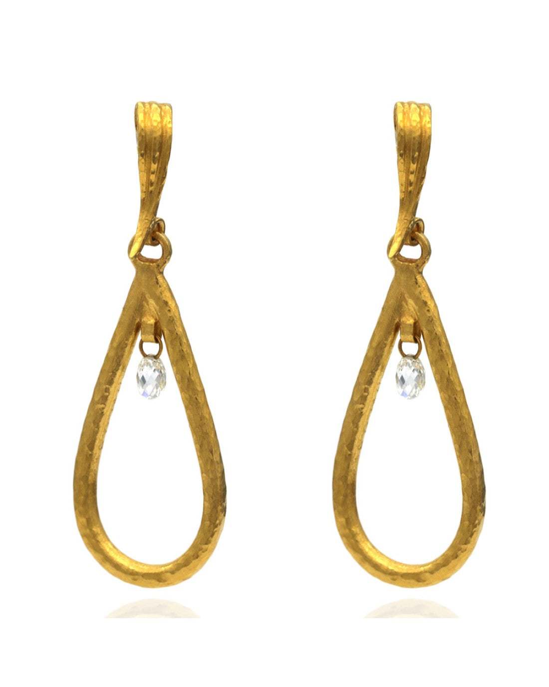 Hammered Swinging Diamond Open Teardrop Dangle Earrings in Yellow Gold