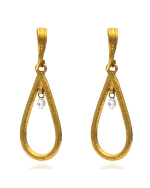 Hammered Swinging Diamond Open Teardrop Dangle Earrings in Yellow Gold