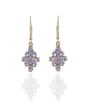 Tanzanite Diamond Shaped Cluster Dangle Earrings in Yellow Gold