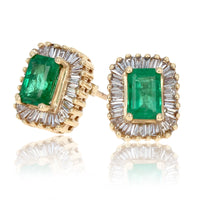 Emerald and Diamond Halo Stud Earrings in Yellow Gold