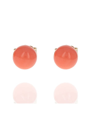 Round Coral Bead Stud Earrings in Yellow Gold