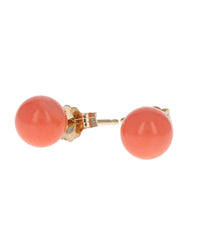Round Coral Bead Stud Earrings in Yellow Gold