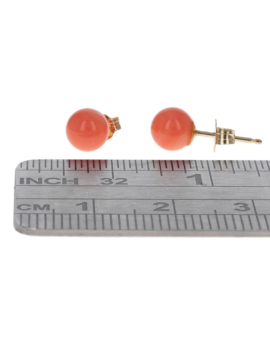 Round Coral Bead Stud Earrings in Yellow Gold