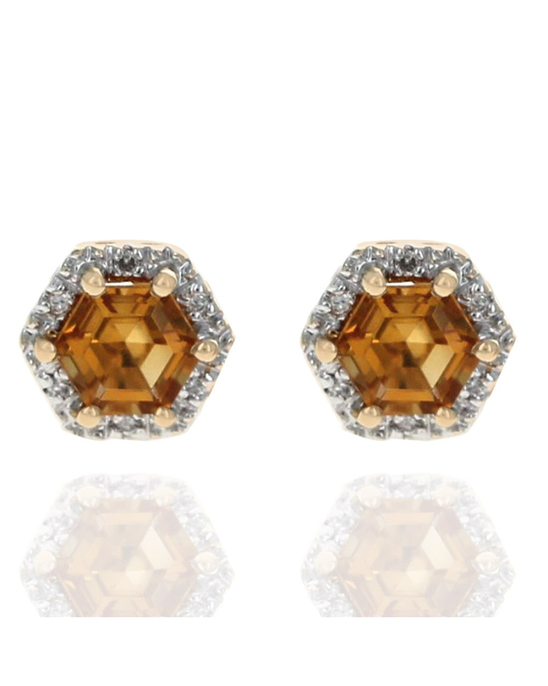 Hexigon Shaped Citrine and Diamond Halo Studs
