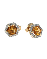 Hexigon Shaped Citrine and Diamond Halo Studs