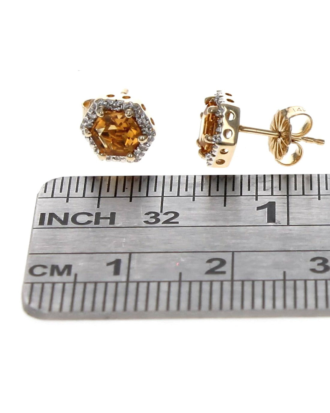 Hexigon Shaped Citrine and Diamond Halo Studs