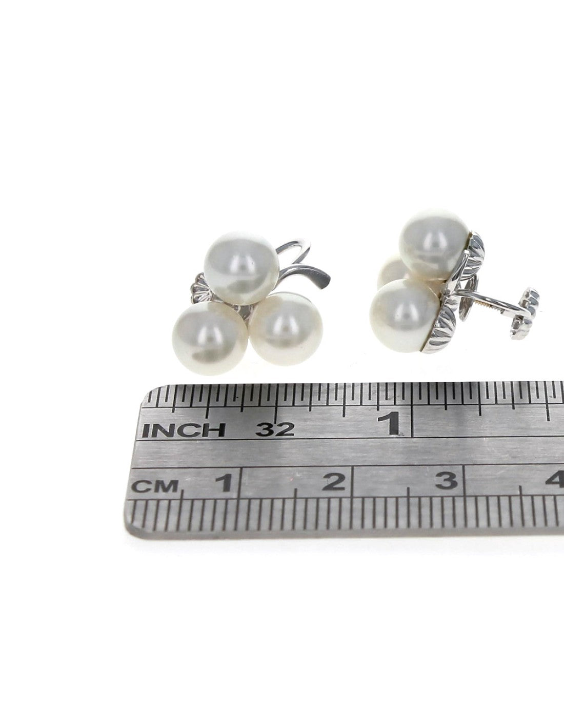 Vintage Triple Pearl Screwback Earrings in White Gold