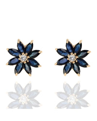 Blue Sapphire and Diamond Flower Stud Earrings in Yellow Gold