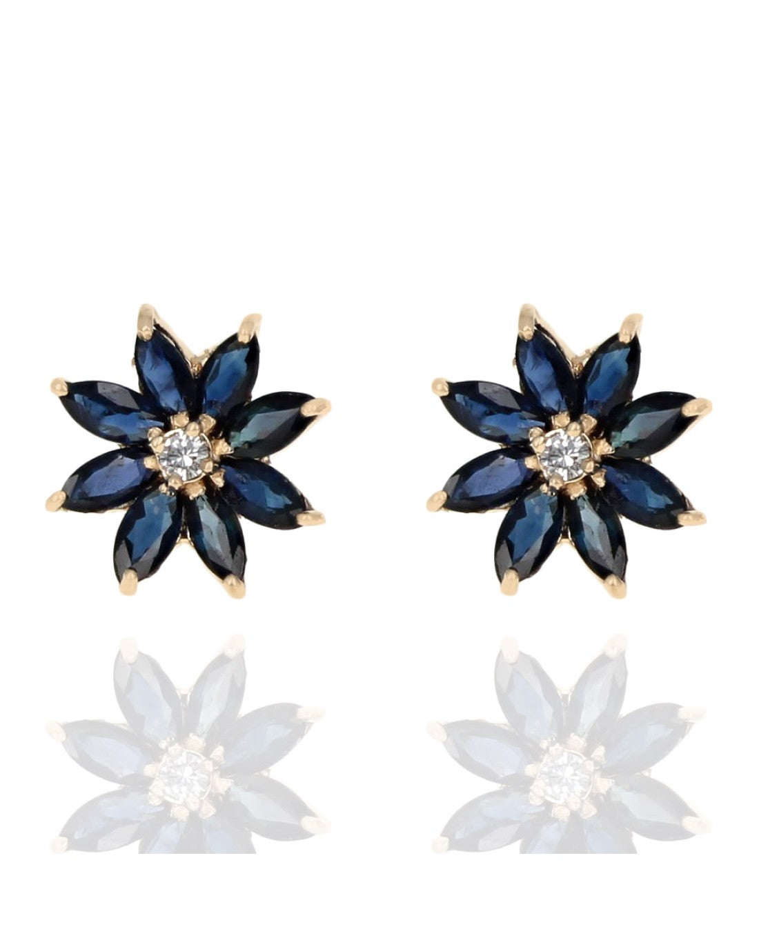 Blue Sapphire and Diamond Flower Stud Earrings in Yellow Gold