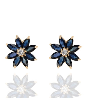 Blue Sapphire and Diamond Flower Stud Earrings in Yellow Gold