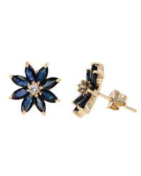 Blue Sapphire and Diamond Flower Stud Earrings in Yellow Gold