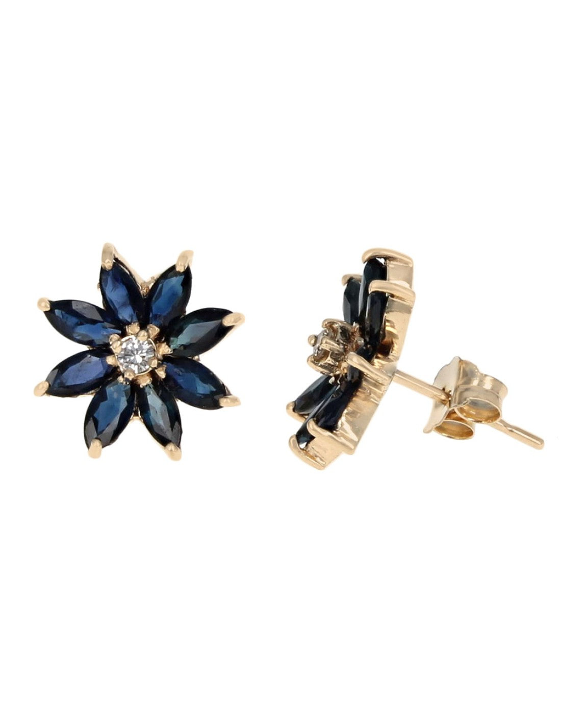 Blue Sapphire and Diamond Flower Stud Earrings in Yellow Gold