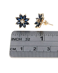 Blue Sapphire and Diamond Flower Stud Earrings in Yellow Gold