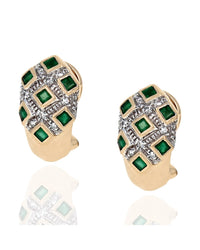 Emerald and Diamond Lattice Earrings in White and Yellow Gold