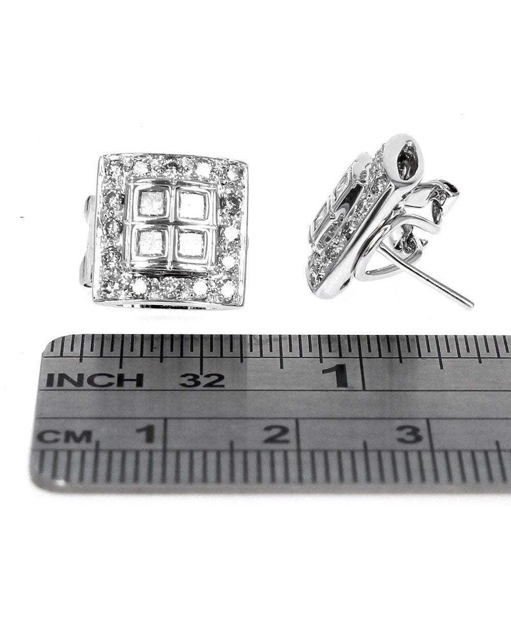 Diamond Square Omega Back Earrings in White Gold