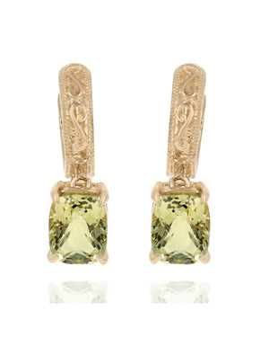 Lemon Quartz Scroll and Milgrain Accent Dangle Earrings in Yellow Gold