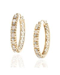 Opal and Diamond Scroll Accent Hoop Earrings in Yellow Gold